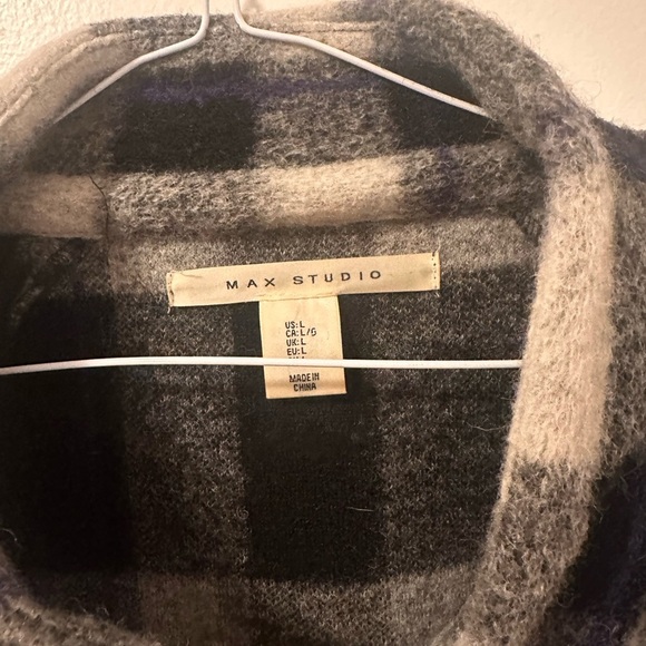 Max Studio Wool Blend Plaid Coat Women’s L – Black White Gray Purple, Unlined - Picture 2 of 4